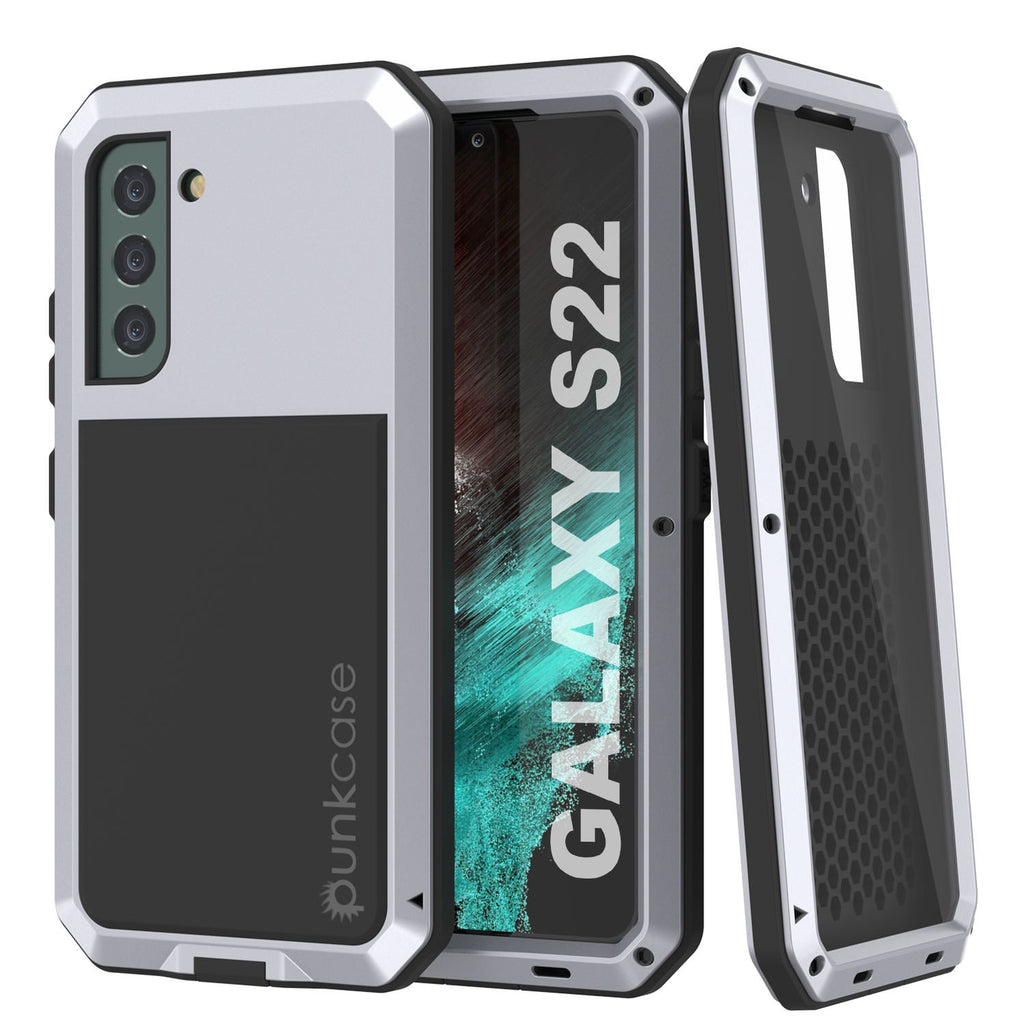Galaxy S22 Metal Case, Heavy Duty Military Grade Rugged Armor Cover [White] (Color in image: White)