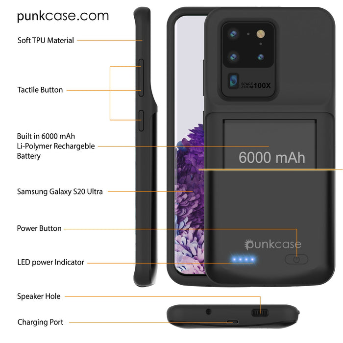 PunkJuice S20 Ultra Battery Case All Black - Fast Charging Power Juice Bank with 6000mAh