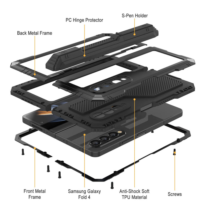 Galaxy Z Fold4 Metal Case, Heavy Duty Military Grade Armor Cover Full Body Hard [Black]