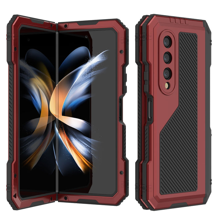 Galaxy Z Fold4 Metal Case, Heavy Duty Military Grade Armor Cover Full Body Hard [Red]