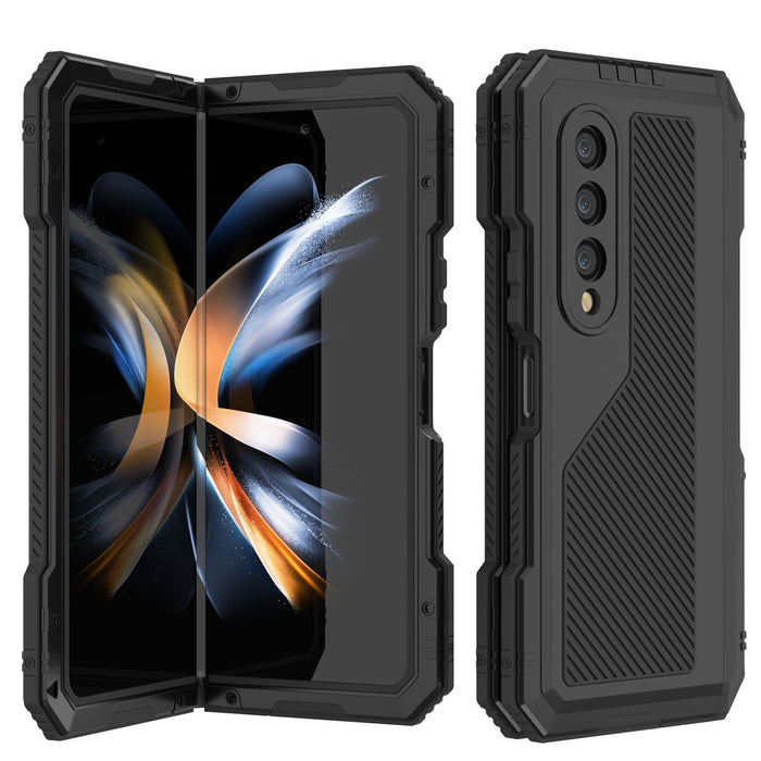 Galaxy Z Fold4 Metal Case, Heavy Duty Military Grade Armor Cover Full Body Hard [Black]