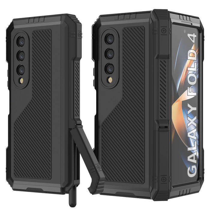 Galaxy Z Fold4 Metal Case, Heavy Duty Military Grade Armor Cover Full Body Hard [Black]