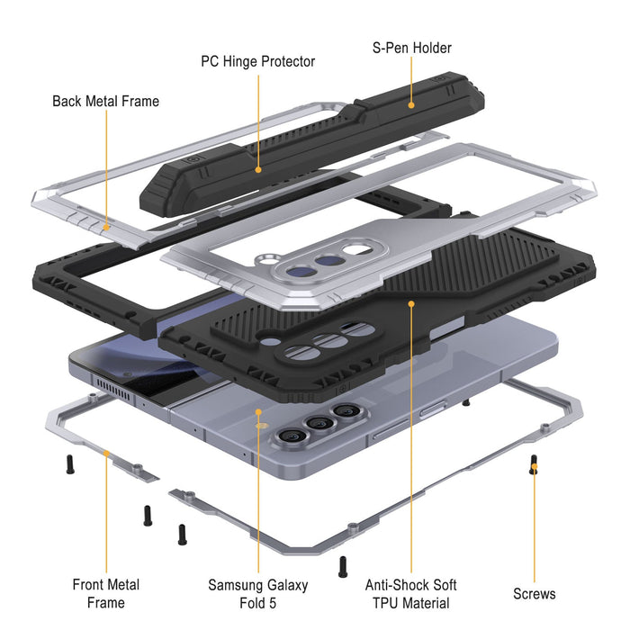 Galaxy Z Fold5 Metal Case, Heavy Duty Military Grade Armor Cover Full Body Hard [White]