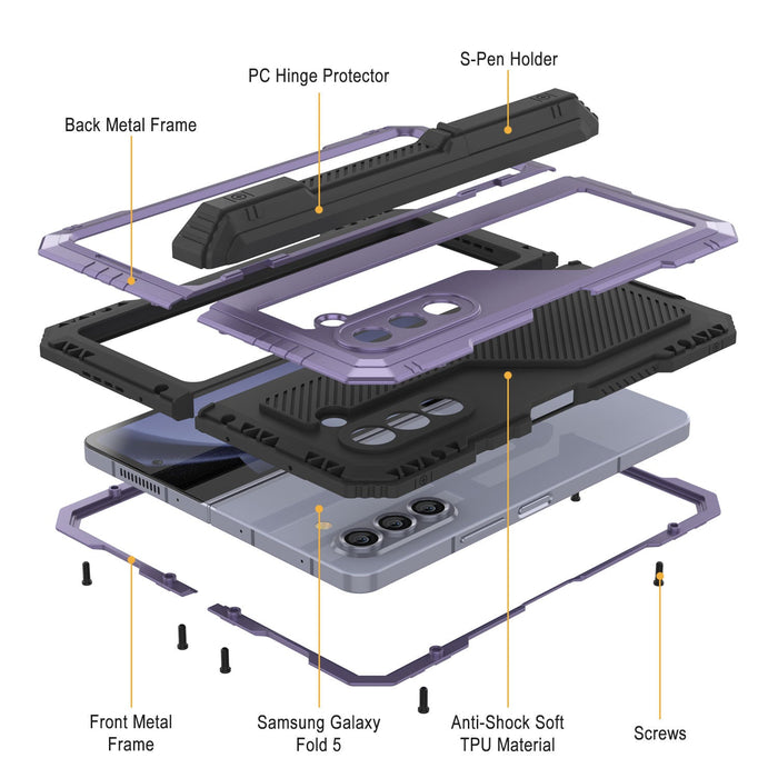 Galaxy Z Fold5 Metal Case, Heavy Duty Military Grade Armor Cover Full Body Hard [Purple]