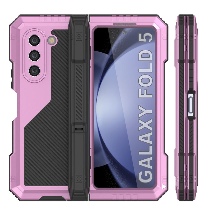 Galaxy Z Fold5 Metal Case, Heavy Duty Military Grade Armor Cover Full Body Hard [Pink]