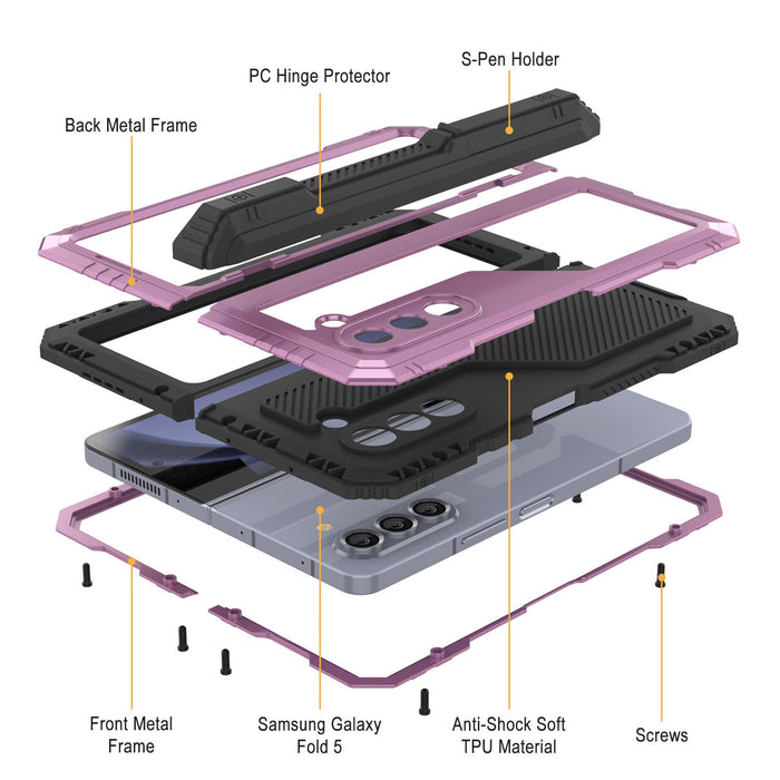 Galaxy Z Fold5 Metal Case, Heavy Duty Military Grade Armor Cover Full Body Hard [Pink]