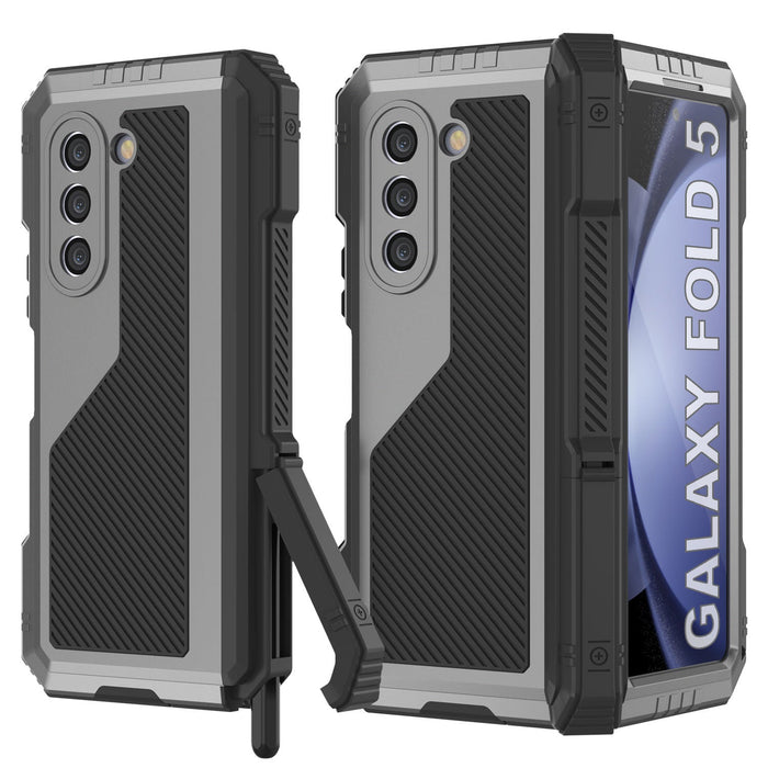 Galaxy Z Fold5 Metal Case, Heavy Duty Military Grade Armor Cover Full Body Hard [Silver]