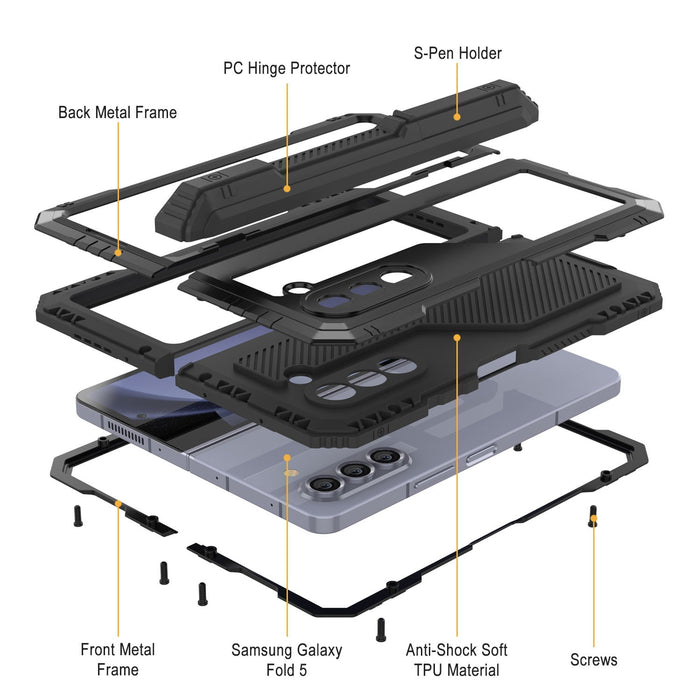 Galaxy Z Fold5 Metal Case, Heavy Duty Military Grade Armor Cover Full Body Hard [Black]