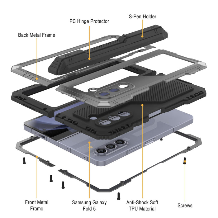 Galaxy Z Fold5 Metal Case, Heavy Duty Military Grade Armor Cover Full Body Hard [Silver]