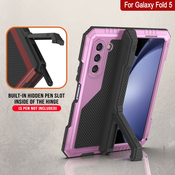 Galaxy Z Fold5 Metal Case, Heavy Duty Military Grade Armor Cover Full Body Hard [Pink]