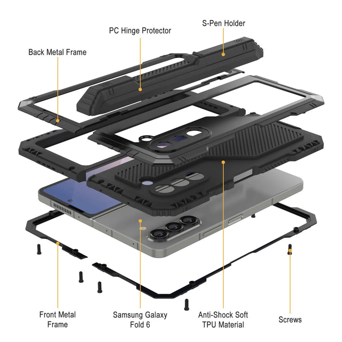 Galaxy Z Fold6 Metal Case, Heavy Duty Military Grade Armor Cover Full Body Hard [Black]