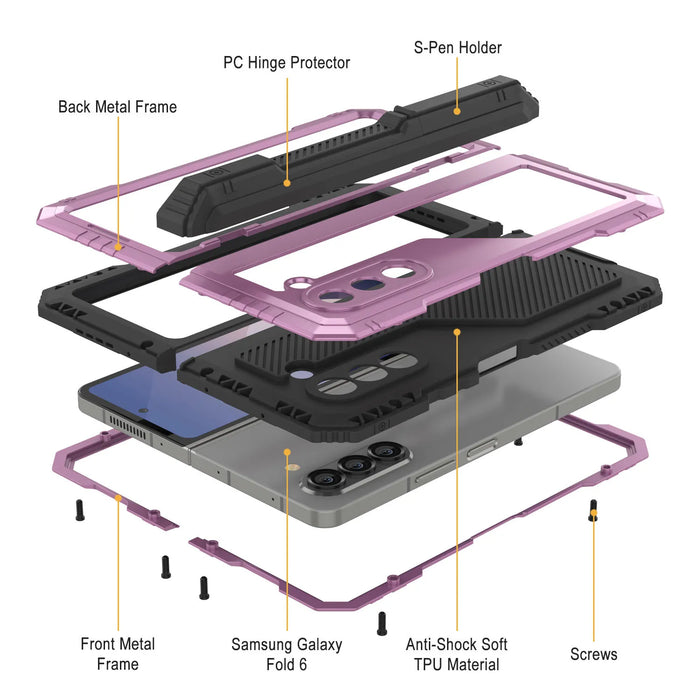 Galaxy Z Fold6 Metal Case, Heavy Duty Military Grade Armor Cover Full Body Hard [Pink]