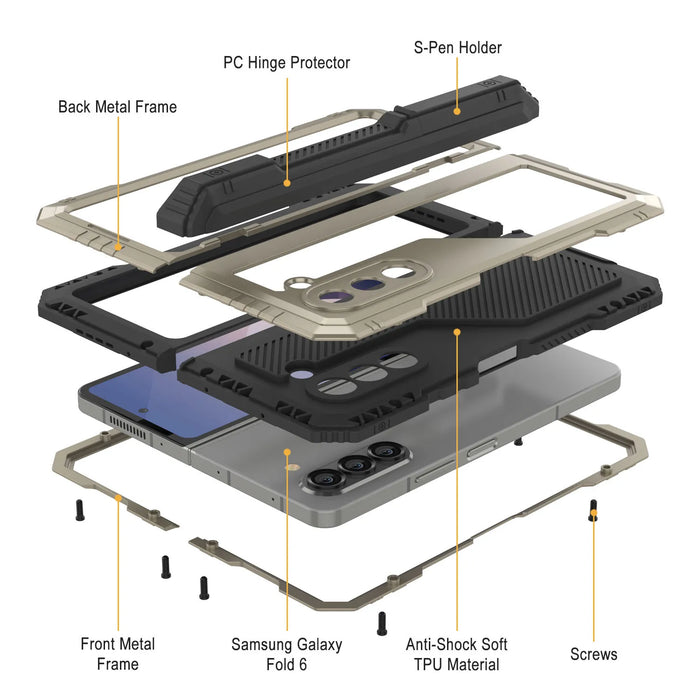 Galaxy Z Fold6 Metal Case, Heavy Duty Military Grade Armor Cover Full Body Hard [Gold]