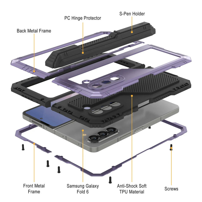 Galaxy Z Fold6 Metal Case, Heavy Duty Military Grade Armor Cover Full Body Hard [Purple]