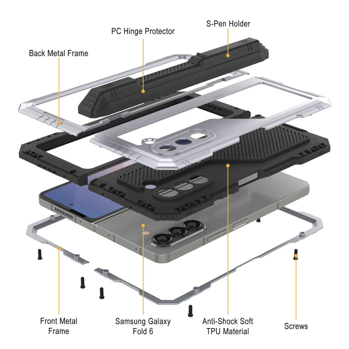 Galaxy Z Fold6 Metal Case, Heavy Duty Military Grade Armor Cover Full Body Hard [White]