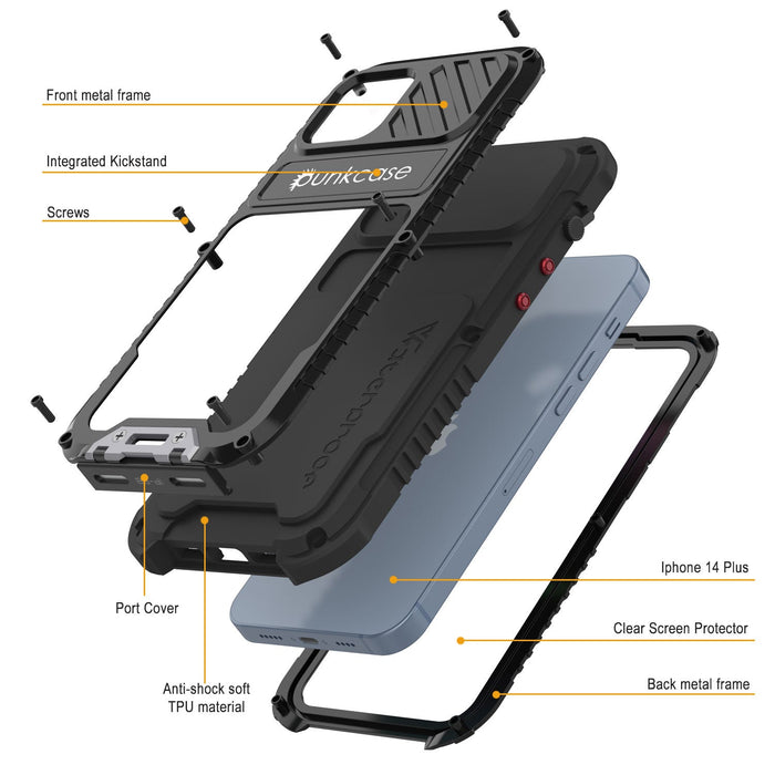 iPhone 16 Plus Metal Extreme 3.0 Series Aluminum Waterproof Case IP68 W/Buillt in Screen Protector & Kickstand [Yellow]