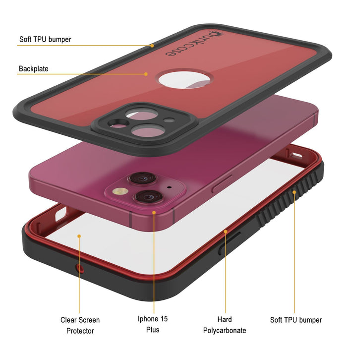 iPhone 16 Plus Waterproof IP68 Case, Punkcase [Red] [StudStar Series] [Slim Fit]