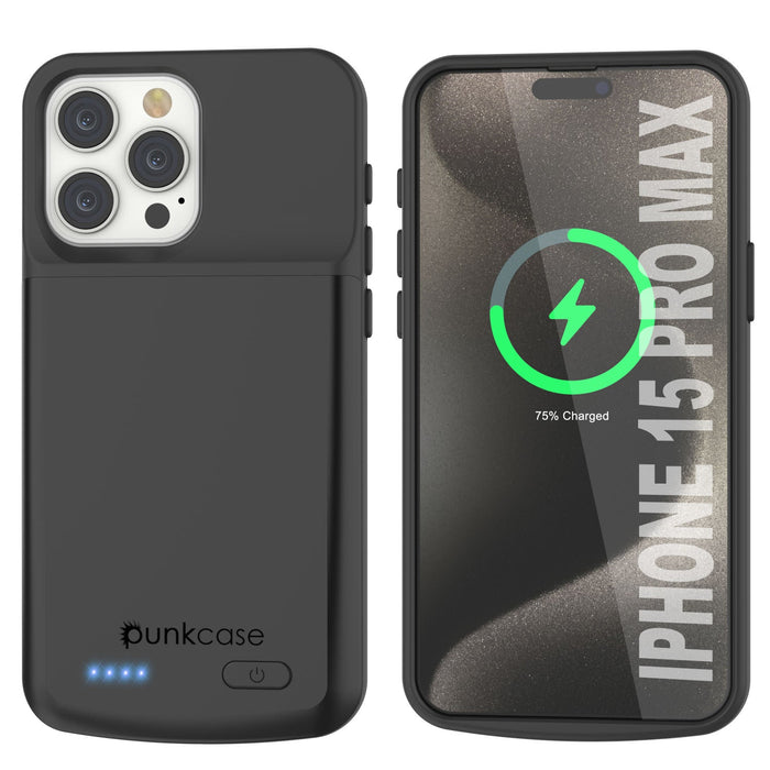 iPhone 15 Pro Max Battery Case, PunkJuice 5000mAH Fast Charging Power Bank W/ Screen Protector | [Black]