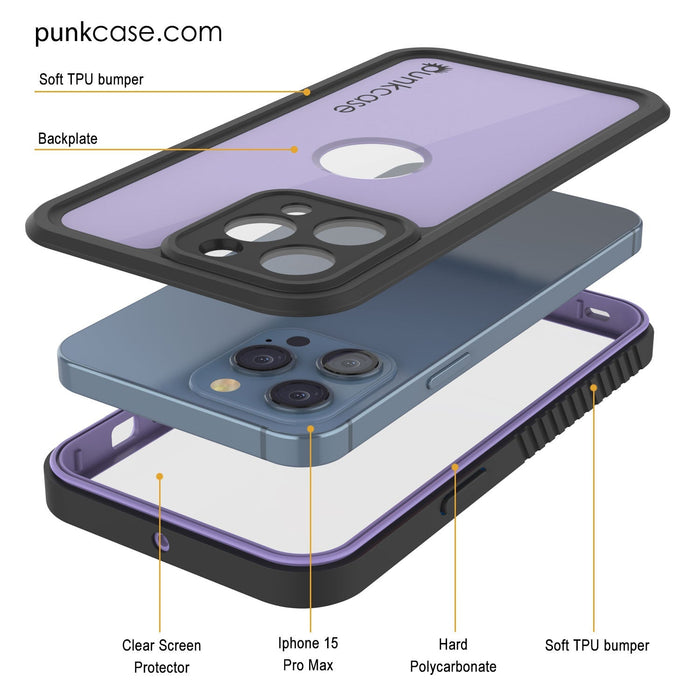 iPhone 16 Pro Max Waterproof IP68 Case, Punkcase [Lilac] [StudStar Series] [Slim Fit] [Dirtproof]