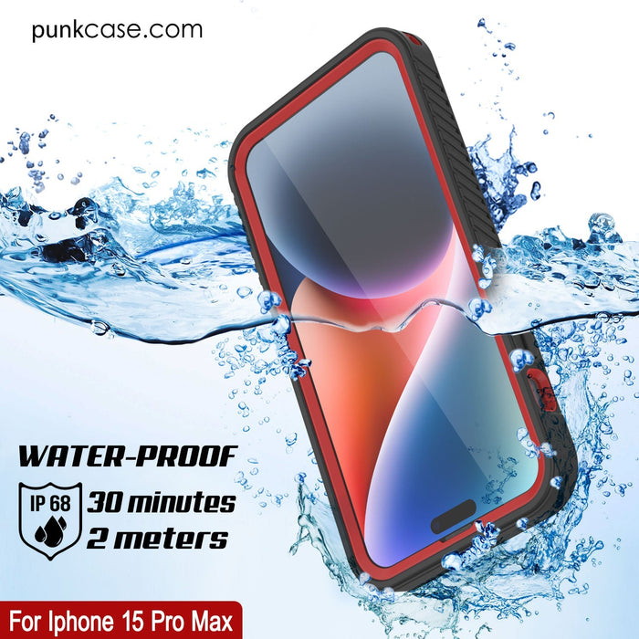 iPhone 16 Pro Max Waterproof IP68 Case, Punkcase [Red] [StudStar Series] [Slim Fit]