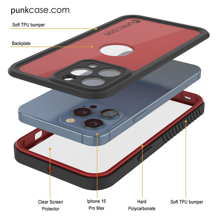 iPhone 16 Pro Max Waterproof IP68 Case, Punkcase [Red] [StudStar Series] [Slim Fit]