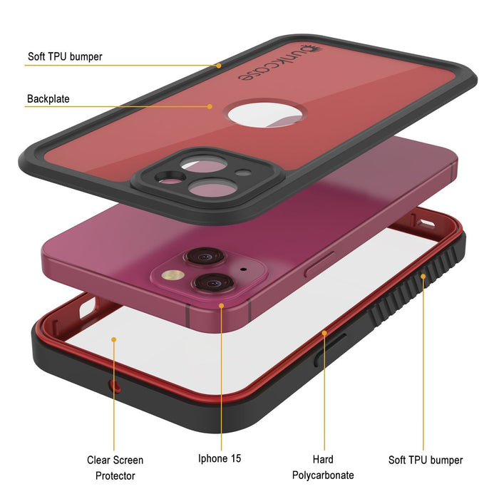 iPhone 16 Waterproof IP68 Case, Punkcase [Red] [StudStar Series] [Slim Fit]