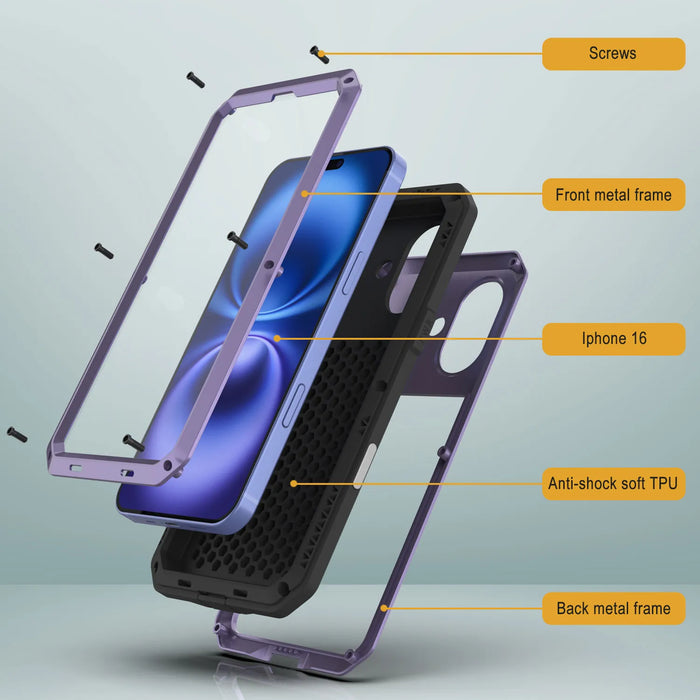 iPhone 16 Metal Case, Heavy Duty Military Grade Armor Cover [shock proof] Full Body Hard [Purple]