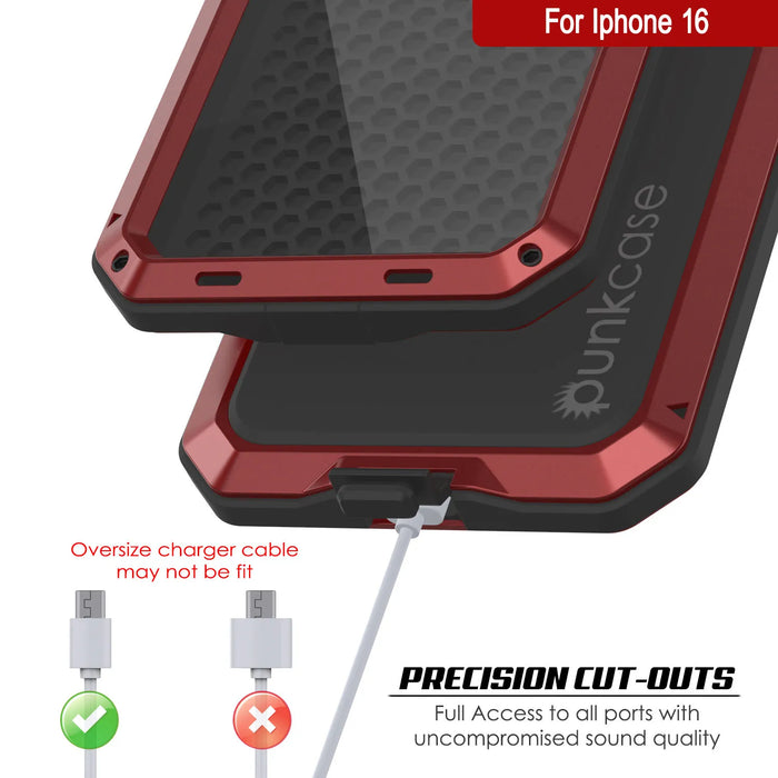 iPhone 16 Metal Case, Heavy Duty Military Grade Armor Cover [shock proof] Full Body Hard [Red]