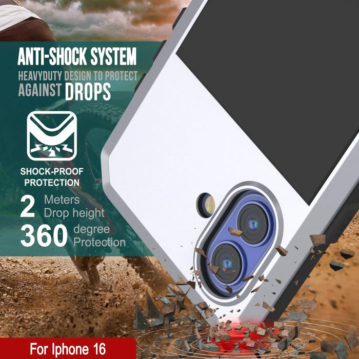 iPhone 16 Metal Case, Heavy Duty Military Grade Armor Cover [shock proof] Full Body Hard [White]