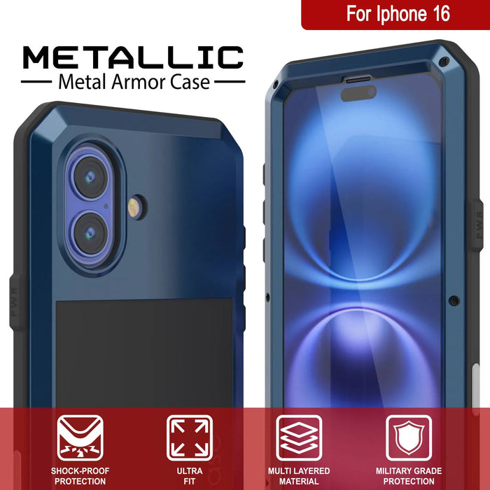 iPhone 16 Metal Case, Heavy Duty Military Grade Armor Cover [shock proof] Full Body Hard [Blue]