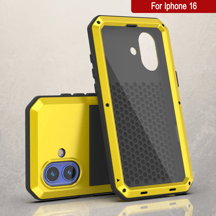 iPhone 16 Metal Case, Heavy Duty Military Grade Armor Cover [shock proof] Full Body Hard [Yellow]