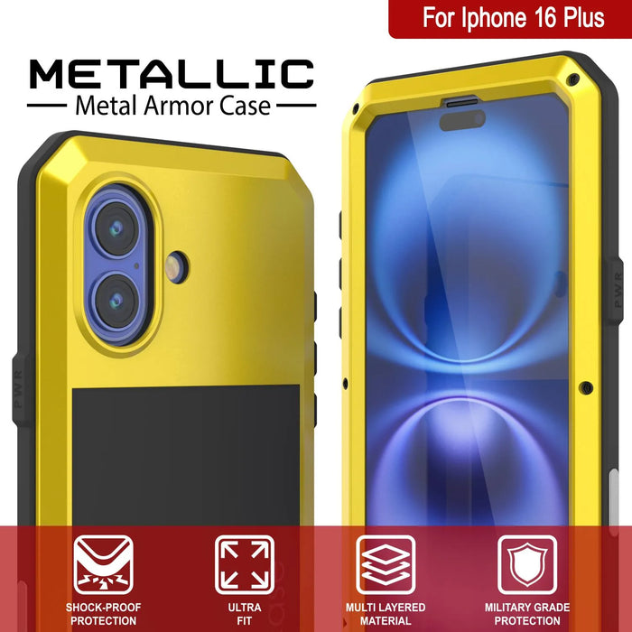 iPhone 16 Plus Metal Case, Heavy Duty Military Grade Armor Cover [shock proof] Full Body Hard [Yellow]