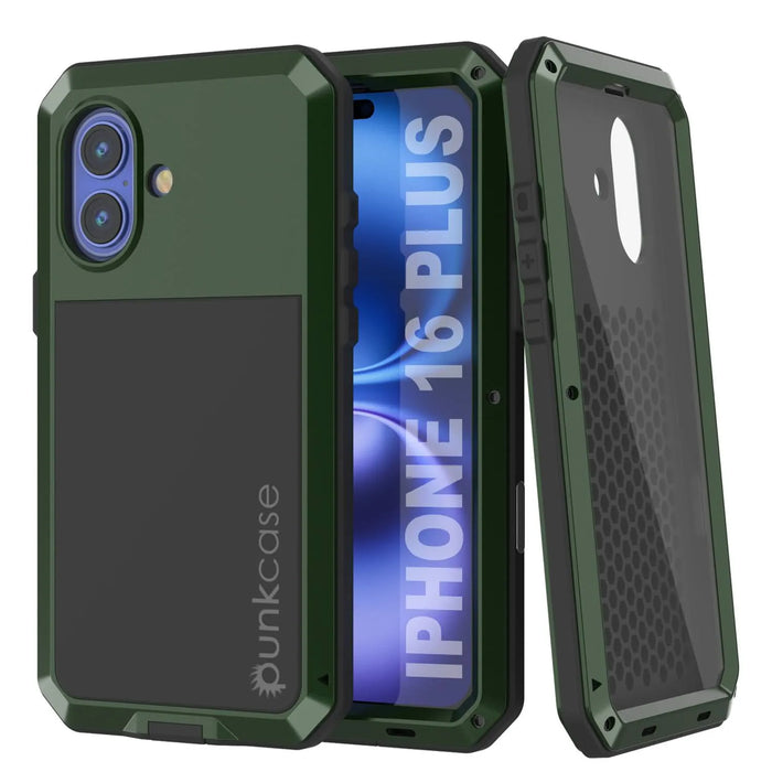 iPhone 16 Plus Metal Case, Heavy Duty Military Grade Armor Cover [shock proof] Full Body Hard [Dark Green]