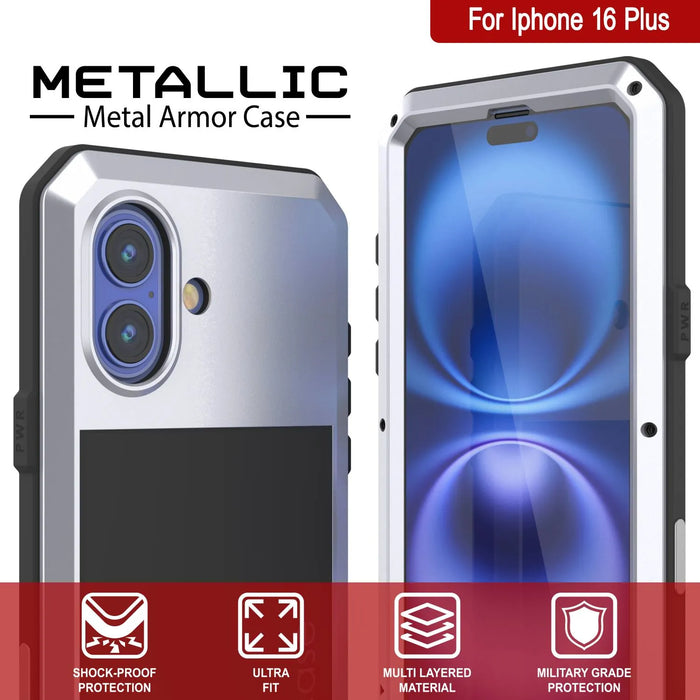 iPhone 16 Plus Metal Case, Heavy Duty Military Grade Armor Cover [shock proof] Full Body Hard [White]