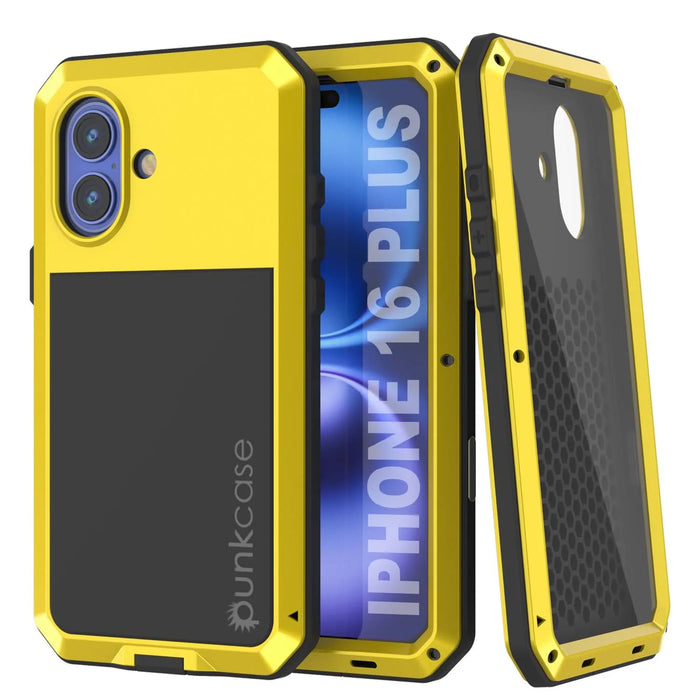 iPhone 16 Plus Metal Case, Heavy Duty Military Grade Armor Cover [shock proof] Full Body Hard [Yellow]