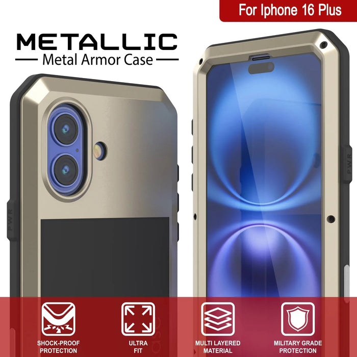 iPhone 16 Plus Metal Case, Heavy Duty Military Grade Armor Cover [shock proof] Full Body Hard [Gold]