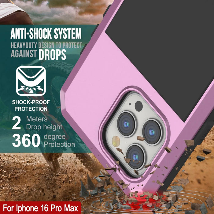 iPhone 16 Pro Max Metal Case, Heavy Duty Military Grade Armor Cover [shock proof] Full Body Hard [Pink]