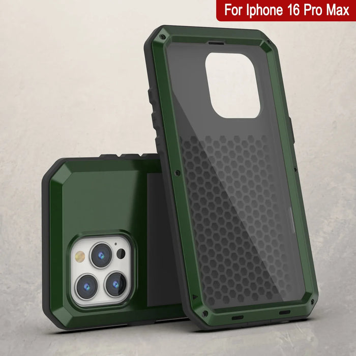 iPhone 16 Pro Max Metal Case, Heavy Duty Military Grade Armor Cover [shock proof] Full Body Hard [Dark Green]