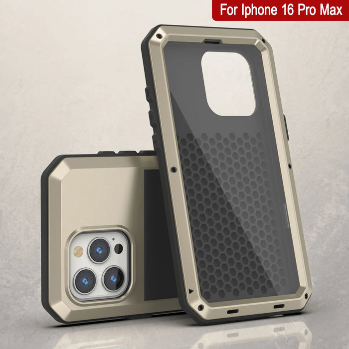 iPhone 16 Pro Max Metal Case, Heavy Duty Military Grade Armor Cover [shock proof] Full Body Hard [Gold]