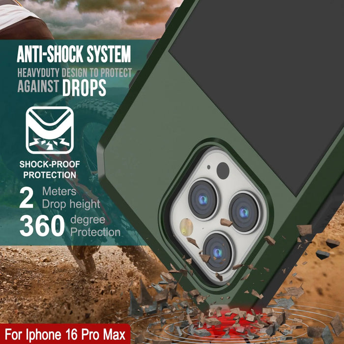 iPhone 16 Pro Max Metal Case, Heavy Duty Military Grade Armor Cover [shock proof] Full Body Hard [Dark Green]