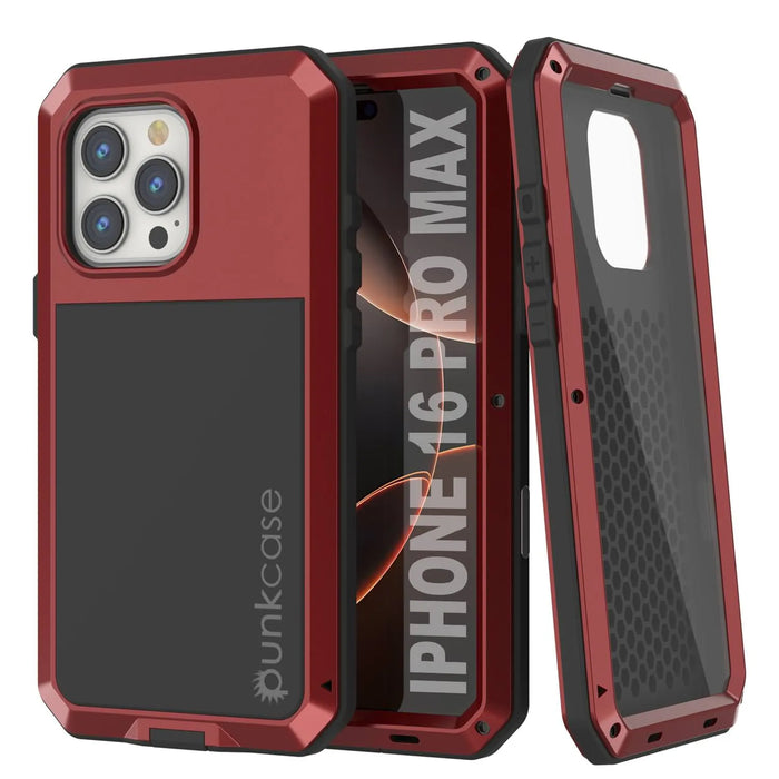 iPhone 16 Pro Max Metal Case, Heavy Duty Military Grade Armor Cover [shock proof] Full Body Hard [Red]