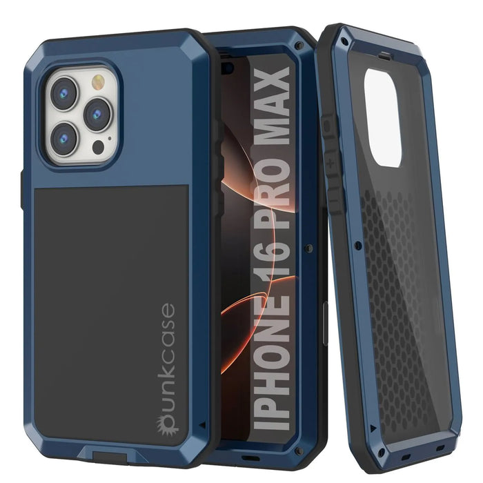 iPhone 16 Pro Max Metal Case, Heavy Duty Military Grade Armor Cover [shock proof] Full Body Hard [Blue]