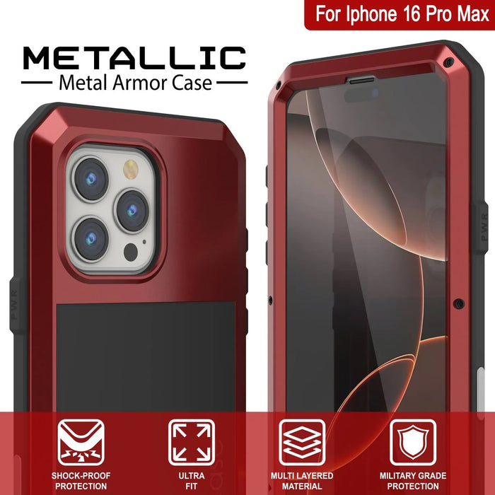 iPhone 16 Pro Max Metal Case, Heavy Duty Military Grade Armor Cover [shock proof] Full Body Hard [Red]