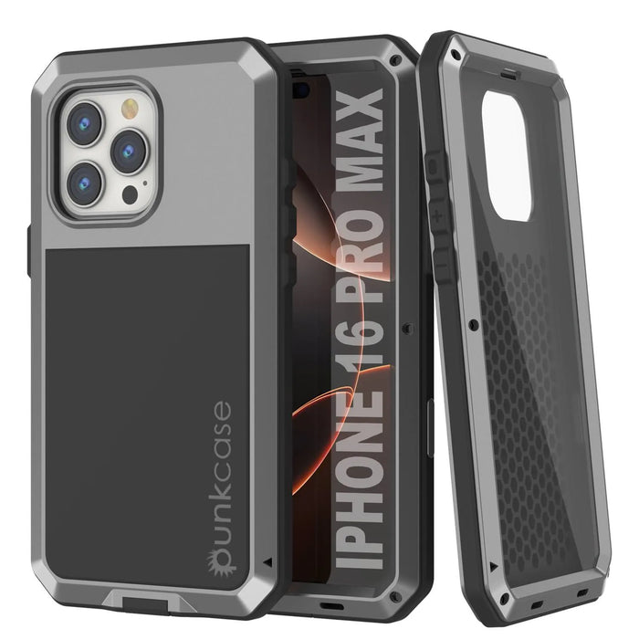 iPhone 16 Pro Max Metal Case, Heavy Duty Military Grade Armor Cover [shock proof] Full Body Hard [Silver]