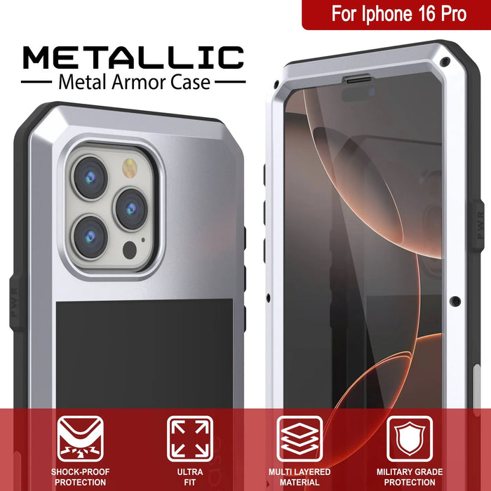 iPhone 16 Pro Metal Case, Heavy Duty Military Grade Armor Cover [shock proof] Full Body Hard [White]