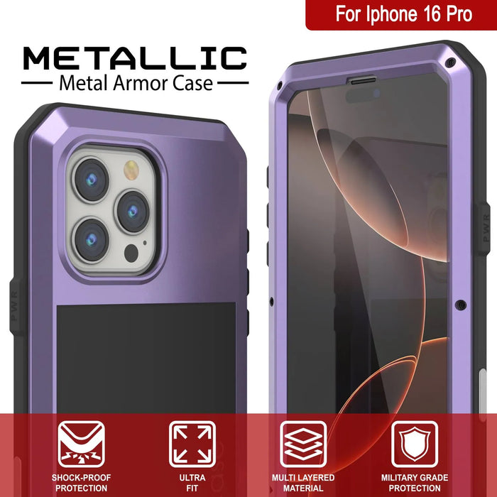 iPhone 16 Pro Metal Case, Heavy Duty Military Grade Armor Cover [shock proof] Full Body Hard [Purple]