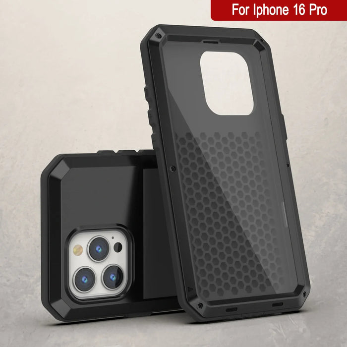 iPhone 16 Pro Metal Case, Heavy Duty Military Grade Armor Cover [shock proof] Full Body Hard [Black]