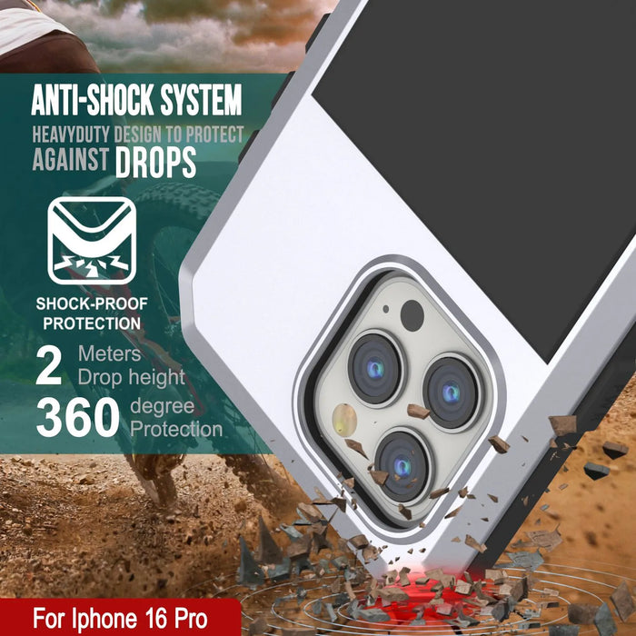 iPhone 16 Pro Metal Case, Heavy Duty Military Grade Armor Cover [shock proof] Full Body Hard [White]