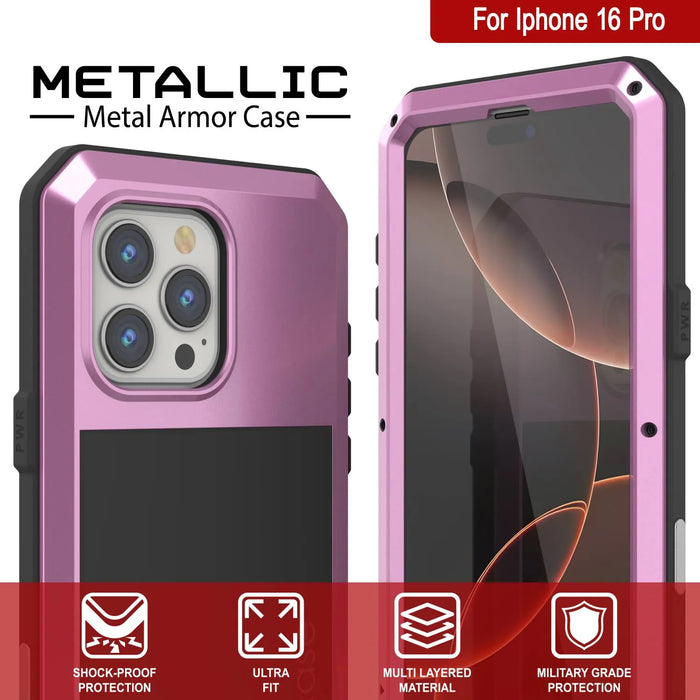 iPhone 16 Pro Metal Case, Heavy Duty Military Grade Armor Cover [shock proof] Full Body Hard [Pink]