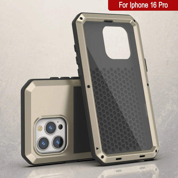 iPhone 16 Pro Metal Case, Heavy Duty Military Grade Armor Cover [shock proof] Full Body Hard [Gold]